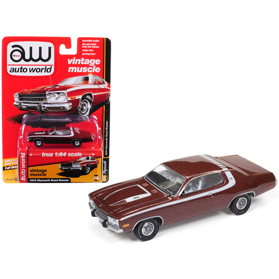1974 Plymouth Road Runner Burnished Red Poly With White Stripes Auto World’s Premium Limited Edition To 1800 Pieces Worldwide 1/64 Diecast Model Car By Autoworld Awsp002b