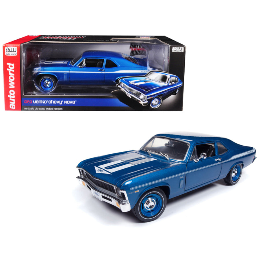 1969 Chevrolet Yenko Nova Blue With White Stripes Limited Edition To 1002 Pieces Worldwide 1/18 Diecast Model Car By Autoworld Amm1135