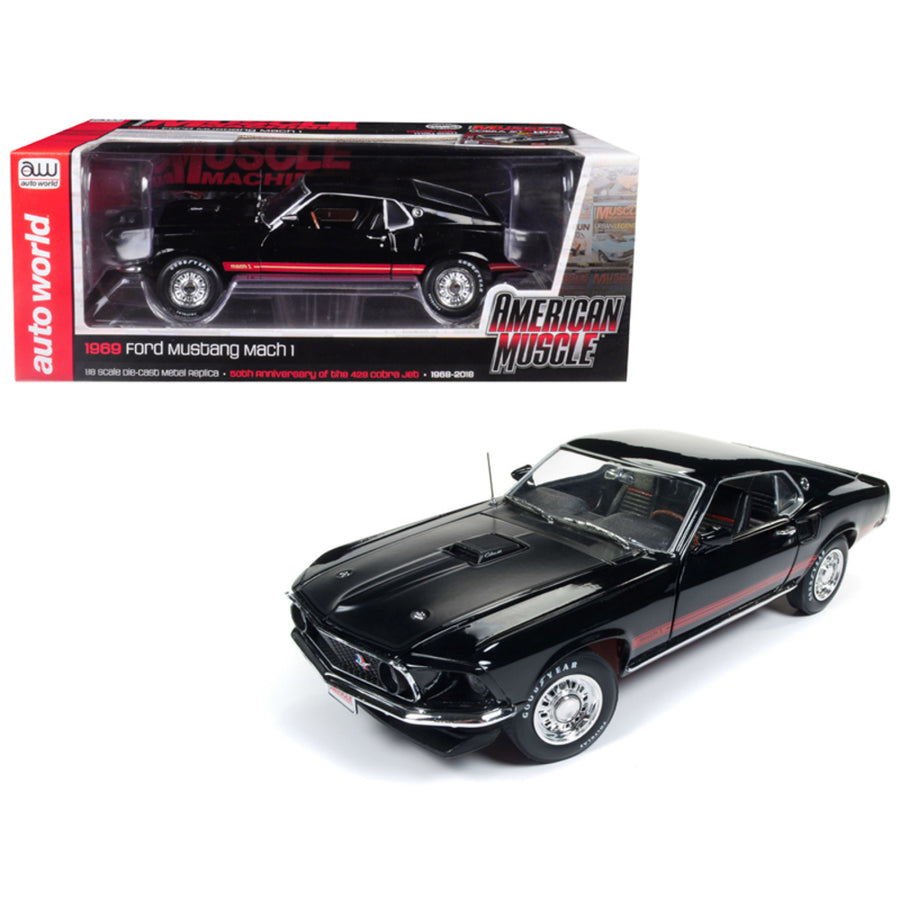 1969 Ford Mustang Mach 1 Raven Black With Red Stripes Hemmings Muscle Machines Magazine 50th Anniversary Of The 428 Cobra Jet Limited Edition To 1004 Pieces Worldwide 1/18 Diecast Model C Amm1139