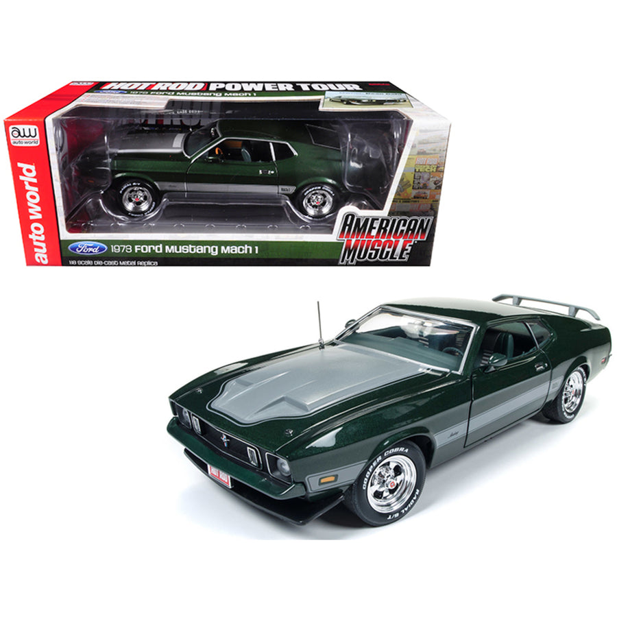 1973 Ford Mustang Mach 1 Dark Green With Silver Stripes From Hot Rod Magazine Limited Edition To 1002 Pieces 1/18 Diecast Model Car By Autoworld Amm1144