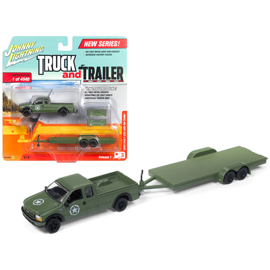 2004 Ford F-250 Army Green With Car Trailer Limited Edition To 4540 Pieces Worldwide Truck And Trailer Series 1 1/64 Diecast Model Car By Johnny Lightning Jlbt006a-ford-green