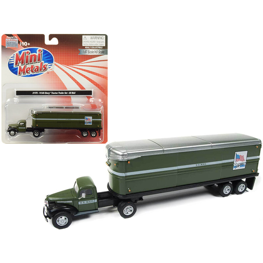 1941-1946 Chevrolet Tractor Trailer Truck U.s. Mail Army Green 1/87 (ho) Scale Model By Classic Metal Works Cmw31175