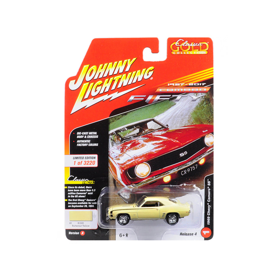 1969 Chevrolet Camaro Ss Butternut Yellow 50th Anniversary Limited Edition To 3220pc Worldwide Muscle Cars Usa 1/64 Diecast Model Car By Johnny Lightning Jlcp7052