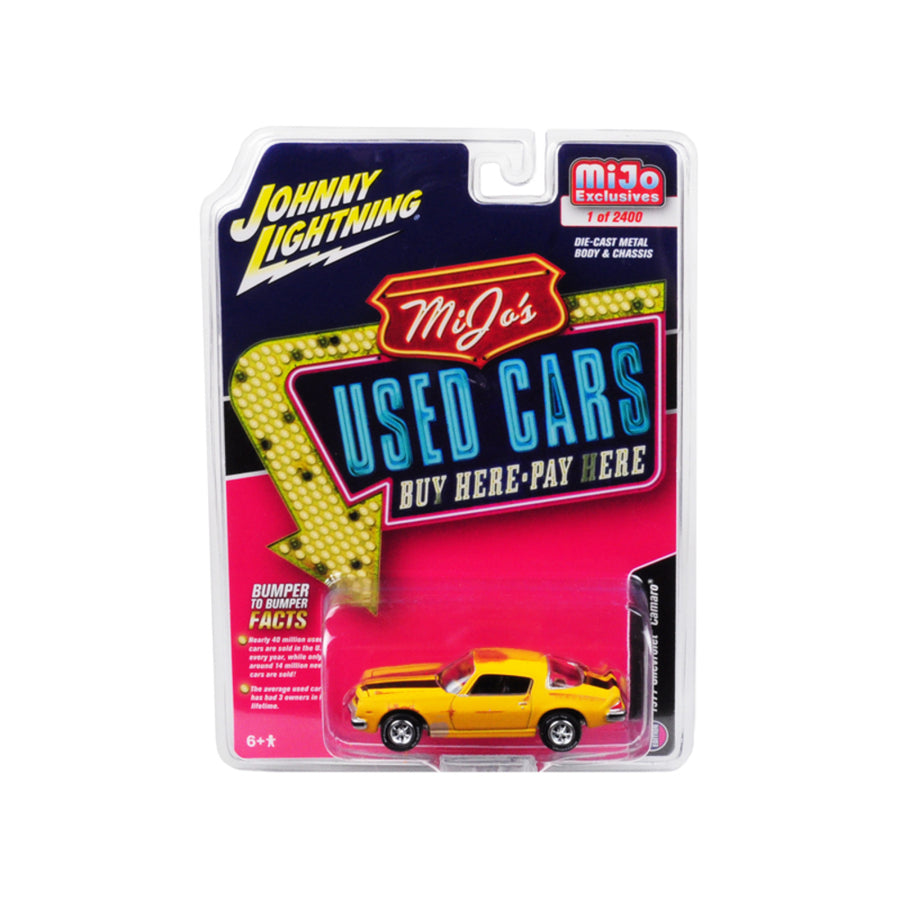 1977 Chevrolet Camaro Weathered Yellow With Black Stripes Used Cars Series Limited Edition To 2,400 Pieces Worldwide 1/64 Diecast Model Car By Johnny Lightning Jlcp7084