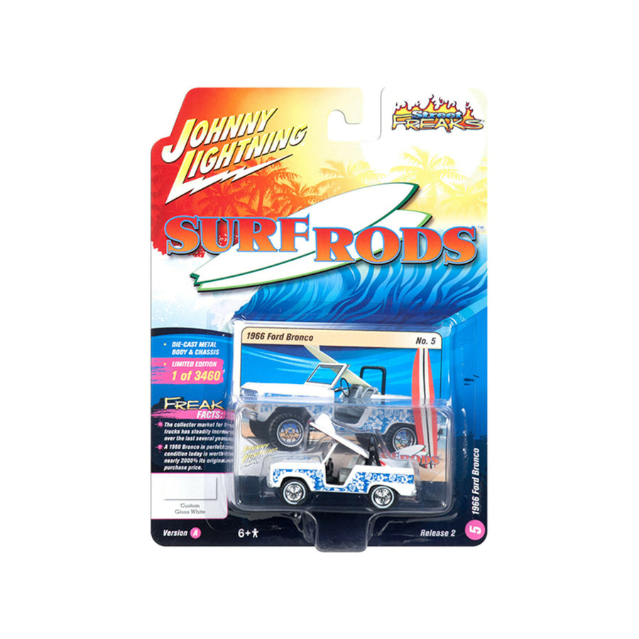 1966 Ford Bronco With Surf Board White And Blue Designs Street Freaks Limited Edition To 3,460 Pieces Worldwide 1/64 Diecast Model Car By Johnny Lightning Jlsf008/jlcp7099