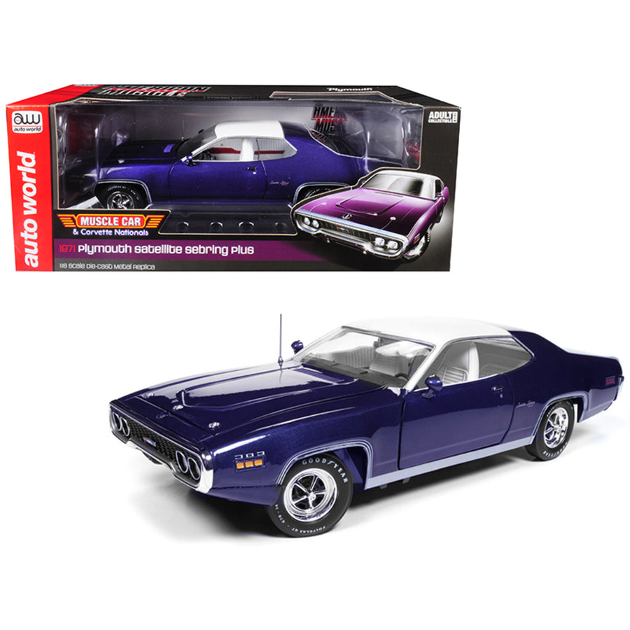 1971 Plymouth Satellite Sebring Plus Mcacn Purple With White Roof Limited Edition To 1002 Pieces Worldwide 1/18 Diecast Model Car By Autoworld Amm1146