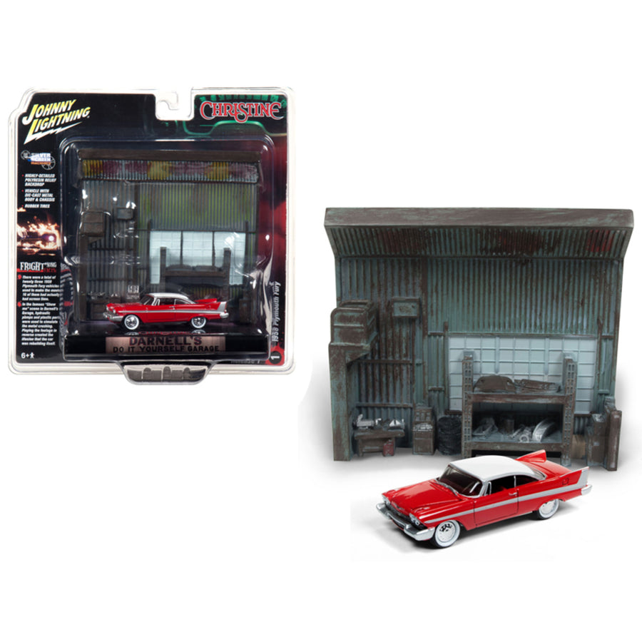 1958 Plymouth Fury Red With Darnells Garage Interior Diorama From Christine (1983) Movie 1/64 Diecast Model By Johnny Lightning Jldr002-jlsp032