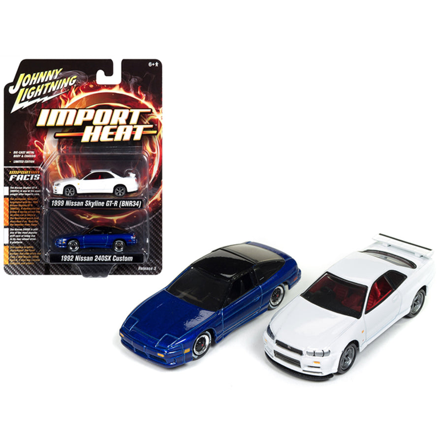 1992 Nissan 240 Sx Custom Cobalt Blue Metallic And 1999 Nissan Skyline Gt-r (bnr34) White Import Heat Set Of 2 1/64 Diecast Model Cars By Johnny Lightning Jlpk004-jlsp041