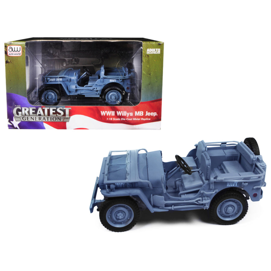 1941 Willys Mb Jeep Wwii Navy Blue Grey 1/18 Diecast Model Car By Autoworld Awml001b