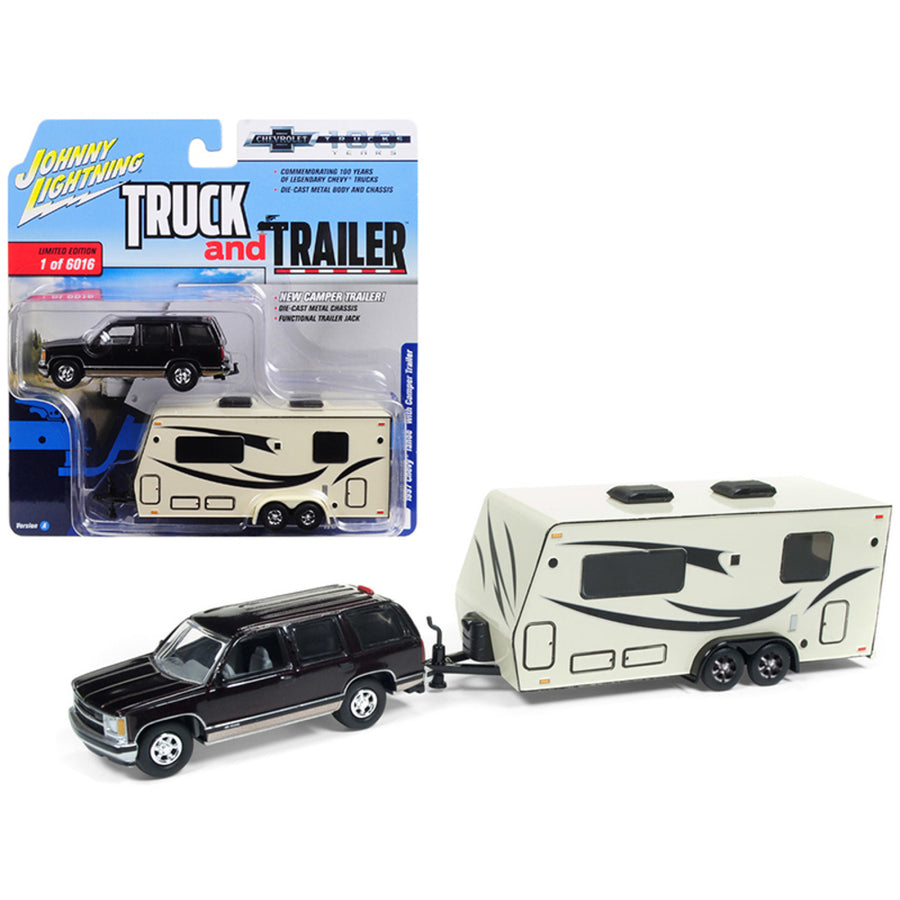 1997 Chevrolet Tahoe Dark Cherry With Camper Trailer Limited Edition To 6,016 Pieces Worldwide Truck And Trailer Series 2 Chevrolet Trucks 100th Anniversary 1/64 Diecast Model Car By Jlsp016