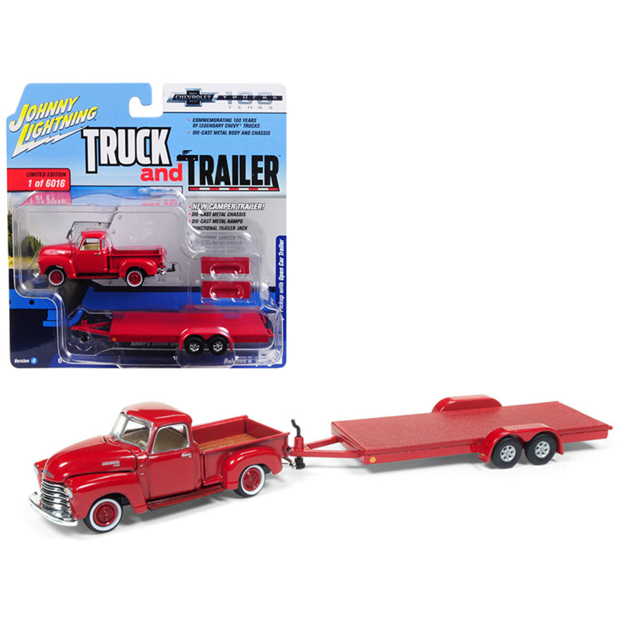 1950 Chevrolet Pickup Truck Gloss Red With Open Car Trailer Limited Edition To 6,016 Pieces Worldwide Truck And Trailer Series 2 Chevrolet Trucks 100th Anniversary 1/64 Diecast Model Jlsp018