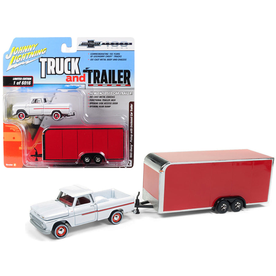 1965 Chevrolet Pickup Truck White With Enclosed Red Car Trailer Limited Edition To 6,016 Pieces Worldwide Truck And Trailer Series 2 Chevrolet Trucks 100th Anniversary 1/64 Diecast Mo Jlsp020