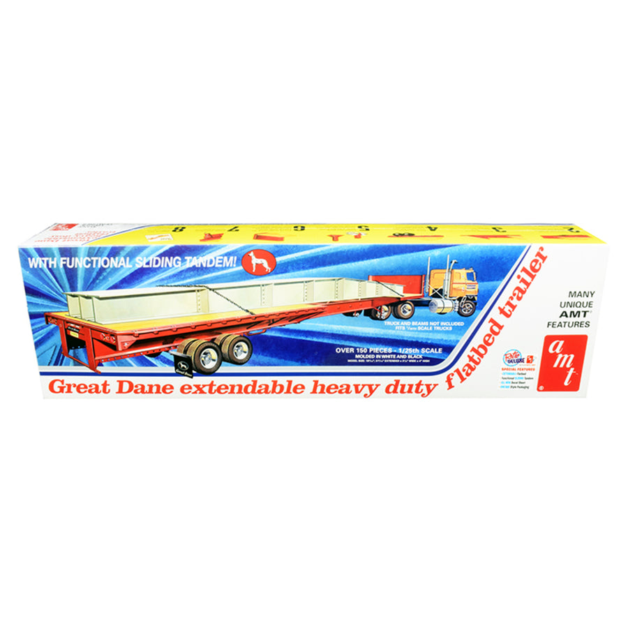 Skill 3 Model Kit Great Dane Extendable Heavy Duty Flat Bed Trailer With Functional Sliding Tandem 1/25 Scale Model By Amt Amt1111