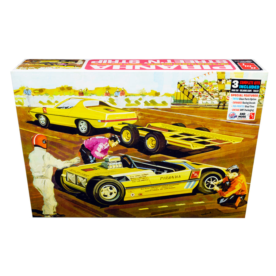 Skill 3 Model Kit Gullwing Coupe Tow Car With Trailer And Drag Funny Car Piranha Drag Team Set Of 3 Models 1/25 Scale By Amt Amt1113