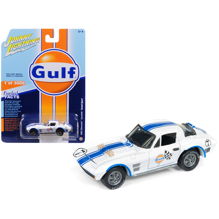 1963 Chevrolet Corvette Grand Sport Gulf #7 White With Blue Stripes Limited Edition To 3,000 Pieces Worldwide 1/64 Diecast Model Car By Johnny Lightning Jlsp010