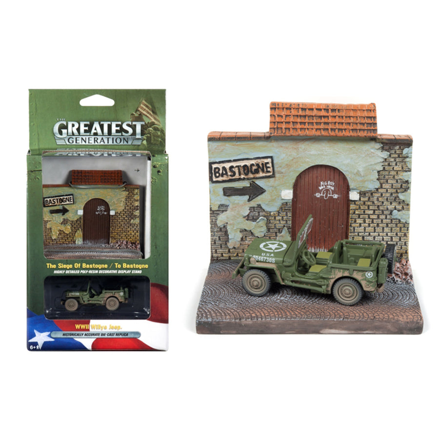 Military Wwii Willys Mb Jeep With To Bastogne Resin Display Diorama The Greatest Generation Series 1/64 Diecast Model By Johnny Lightning Jlds001-bastogne