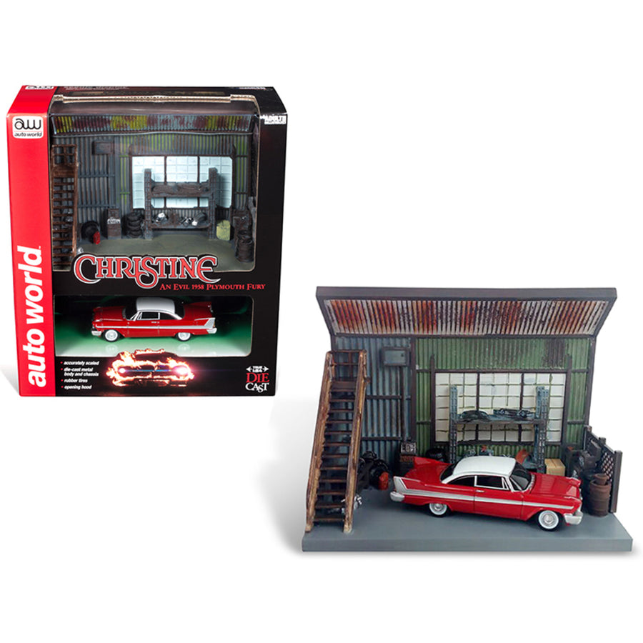1958 Plymouth Fury Red With Darnells Garage Scenic Display Diorama From Christine (1983) Movie 1/64 Diecast Model By Autoworld Awsd001