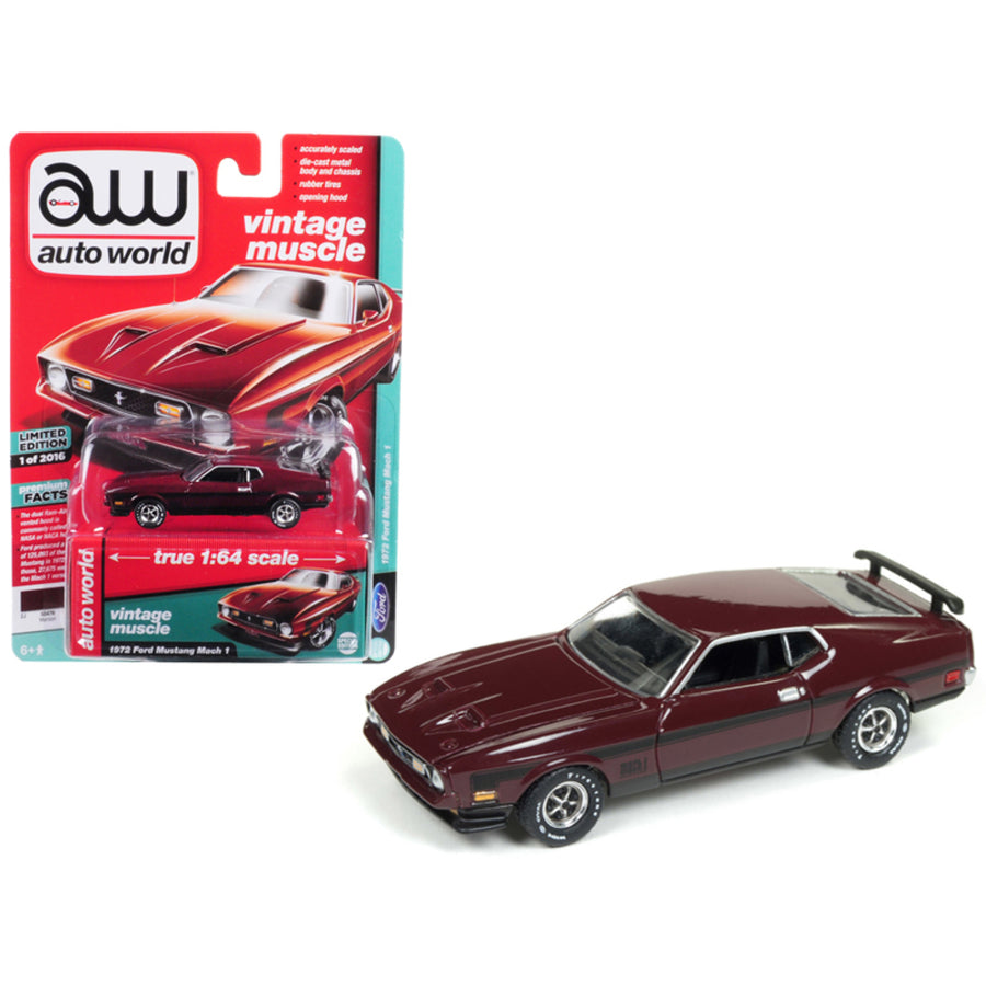 1972 Ford Mustang Mach 1 Maroon With Black Stripes Limited Edition To 2,016 Pieces Worldwide 1/64 Diecast Model Car By Autoworld Awsp011