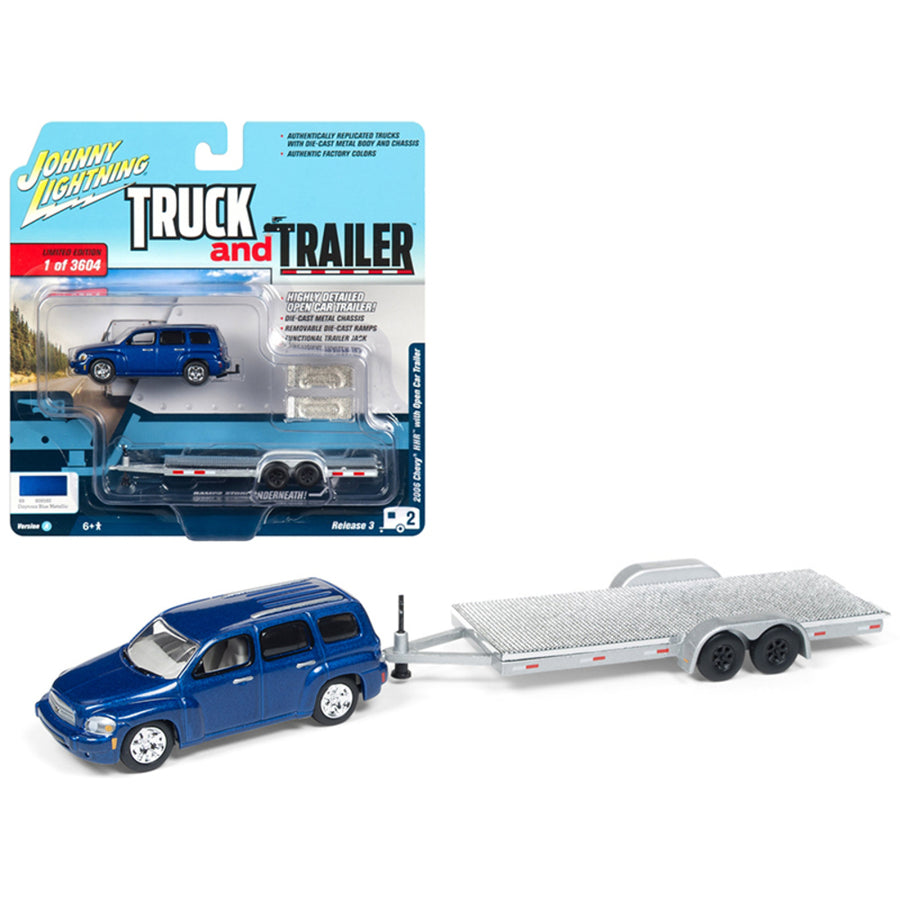 2006 Chevrolet Hhr Daytona Blue With Chrome Open Car Trailer Limited Edition To 3,604 Pieces Worldwide Truck And Trailer Series 3 1/64 Diecast Model Car By Johnny Lightning Jlbt008-jlsp035a