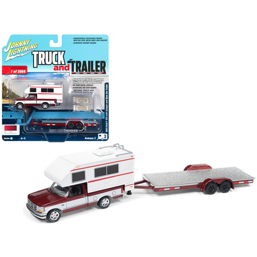 1993 Ford F-150 Red With White Camper And Chrome Open Car Trailer Limited Edition To 3,964 Pieces Worldwide Truck And Trailer Series 3 1/64 Diecast Model Car By Johnny Lightning Jlbt008-jlsp036a