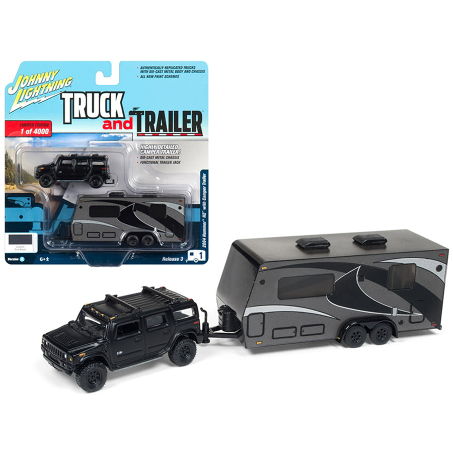 2004 Hummer H2 Black With Gunmetal Camper Trailer Limited Edition To 4,000 Pieces Worldwide Truck And Trailer Series 3 1/64 Diecast Model Car By Johnny Lightning Jlbt008-jlsp037a