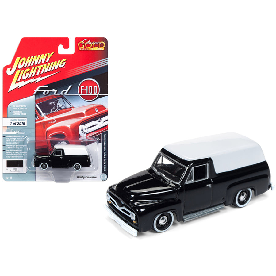 1955 Ford F100 Panel Delivery Gloss Black With White Top Classic Gold Limited Edition To 2,016 Pieces Worldwide 1/64 Diecast Model Car By Johnny Lightning Jlsp030