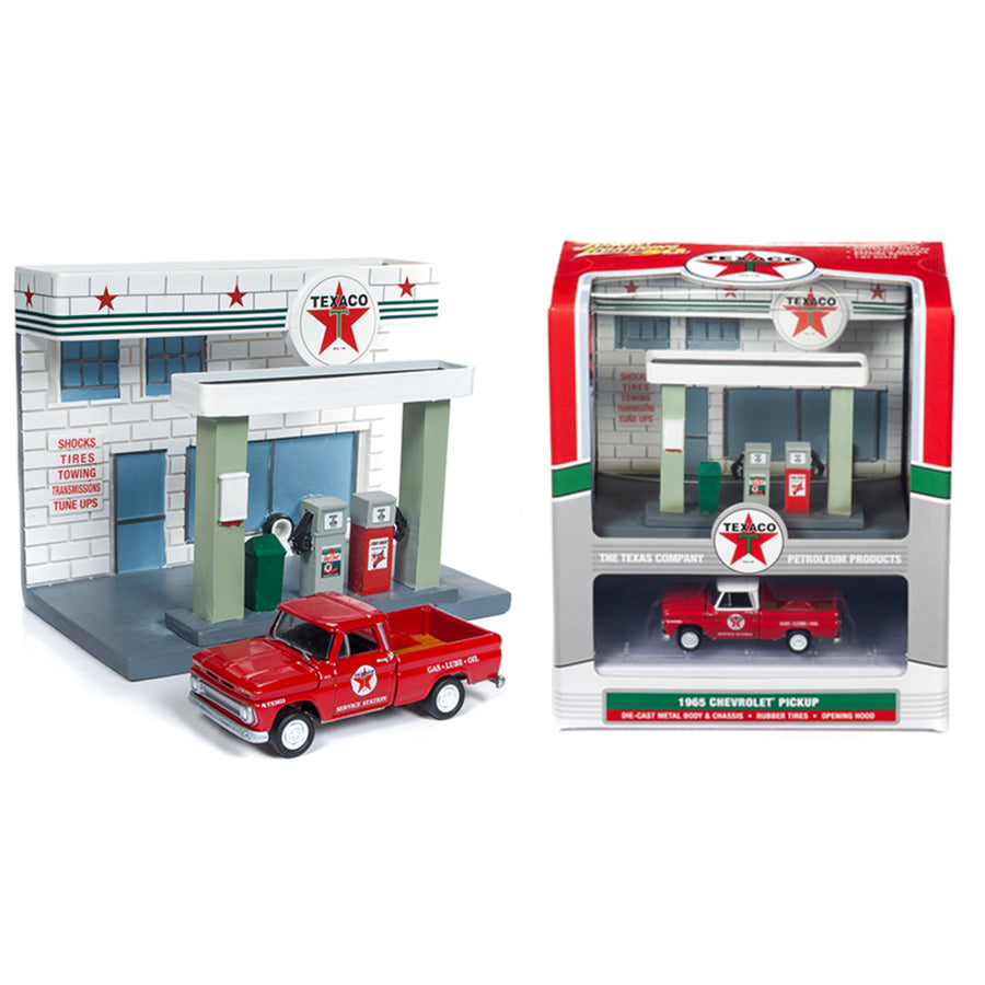 1965 Chevrolet Pickup Truck And Resin Texaco Service Station Diorama Set 1/64 Diecast Model By Johnny Lightning Jlsd001