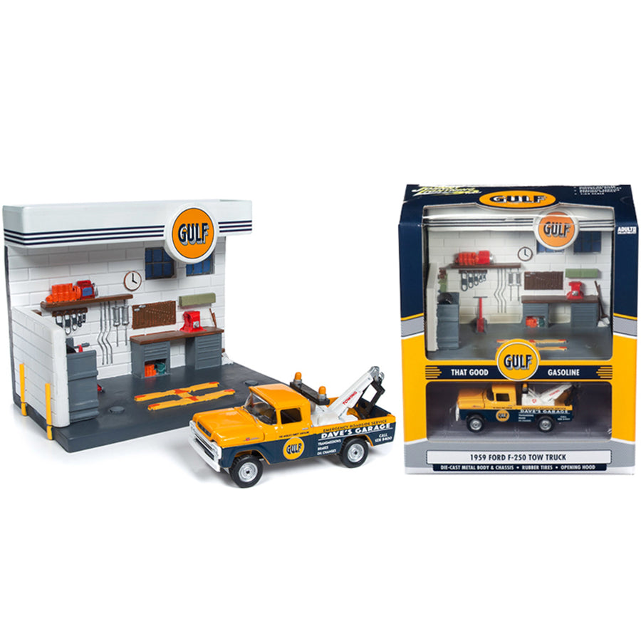 1959 Ford F-250 Tow Truck And Gulf Service Station Diorama Set 1/64 Diecast Model By Johnny Lightning Jlsd002