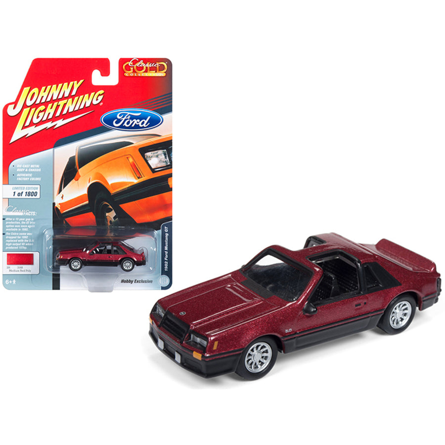 1982 Ford Mustang Gt 5.0 Medium Red Poly With Flat Black Classic Gold Hobby Exclusive Limited Edition To 1,800 Pieces Worldwide 1/64 Diecast Model Car By Johnny Lightning Jlsp033