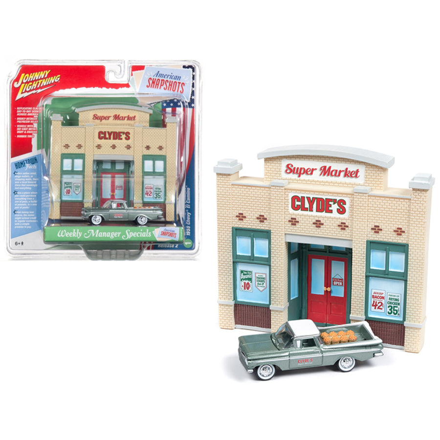 1959 Chevrolet El Camino Pickup Truck Green And Resin Store Front Facade Weekly Manager Specials Diorama 1/64 Diecast Model By Johnny Lightning Jldr003-elcam