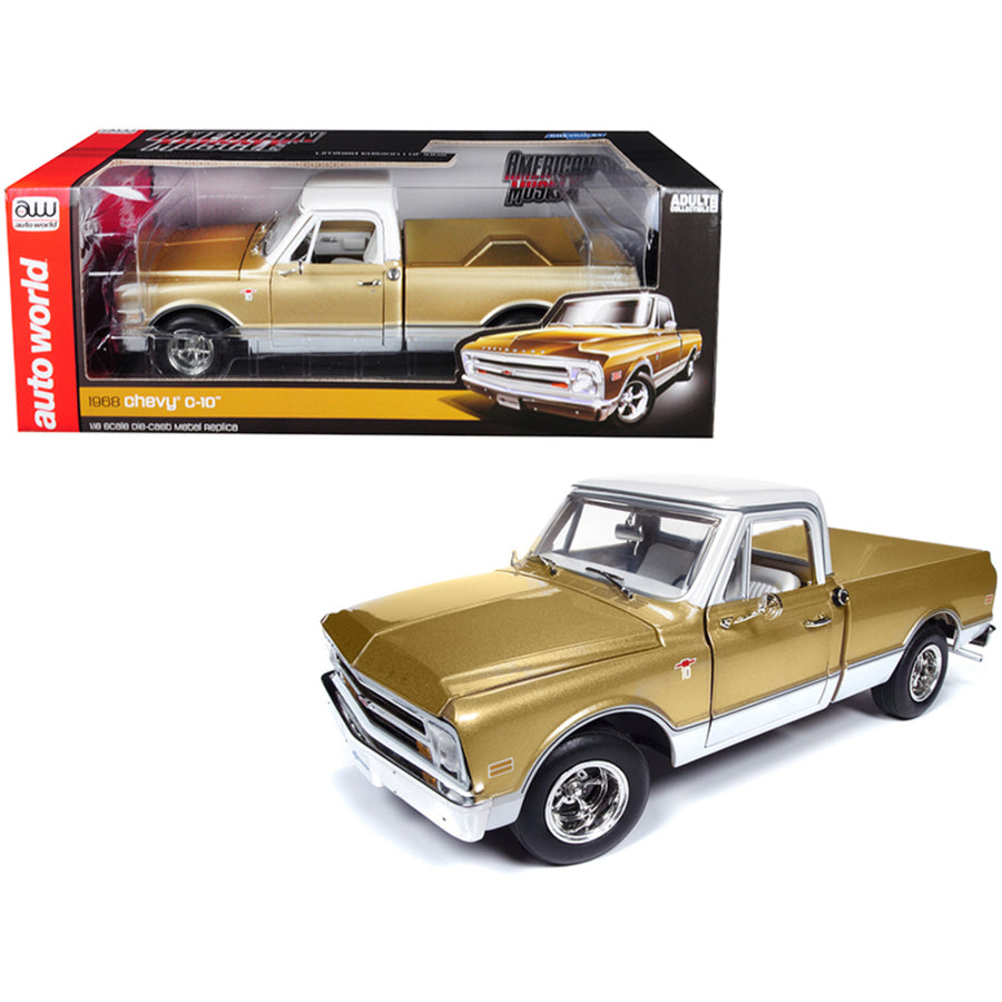 1968 Chevrolet C-10 Fleet Side Pickup Truck Metallic Gold With White Top Limited Edition To 1,002 Pieces Worldwide 1/18 Diecast Model Car By Autoworld Amm1165