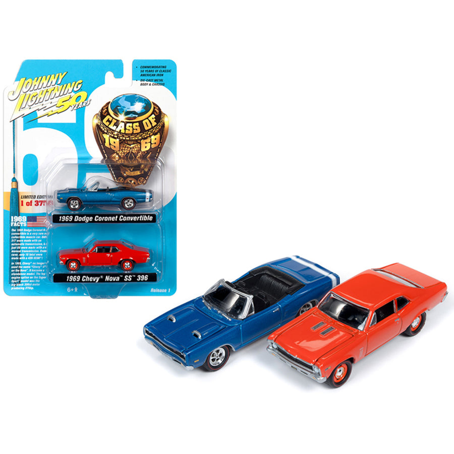 1969 Dodge Coronet R/t Convertible Metallic Blue And 1969 Chevrolet Nova Ss 396 Hugger Orange Set Of 2 Pieces Class Of 1969 Limited Edition To 3,750 Pieces Worldwide 1/64 Diecast Model Ca Jlpk007-classof69