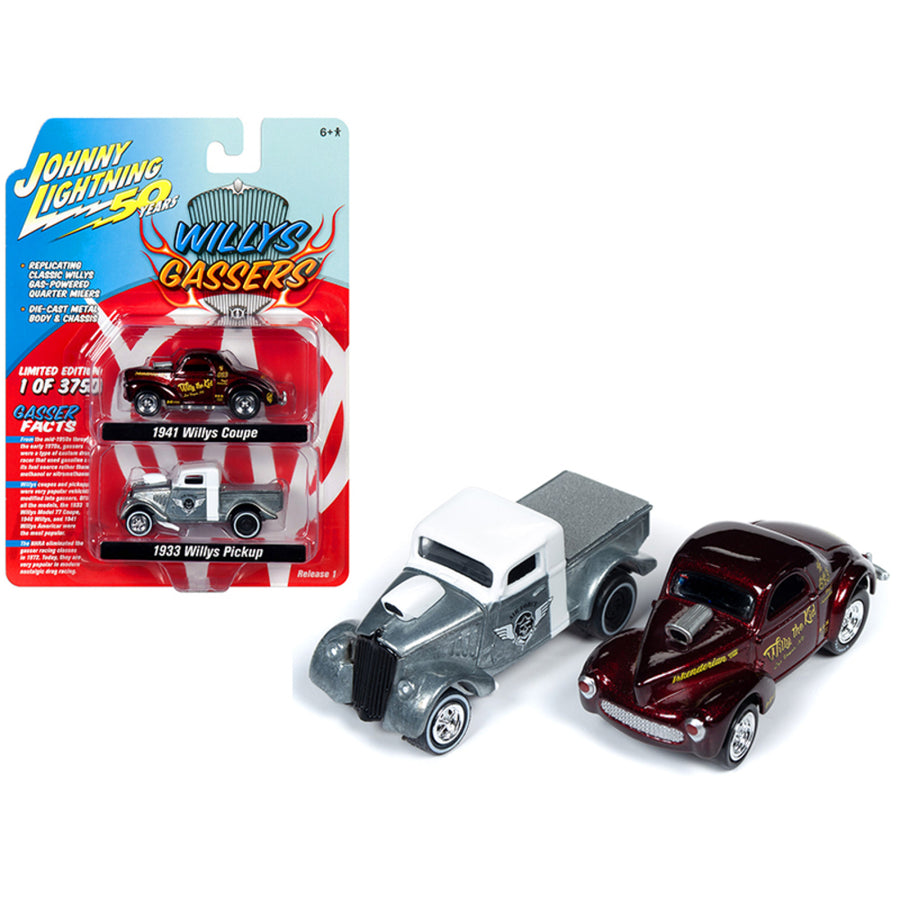 1941 Willys Metallic Dark Red Willy The Kid And 1933 Willys Pickup Truck Raw With White Top Air Force Set Of 2 Pieces Willys Gassers Limited Edition To 3,750 Pieces Worldwide 1/64 Jlpk007-willys