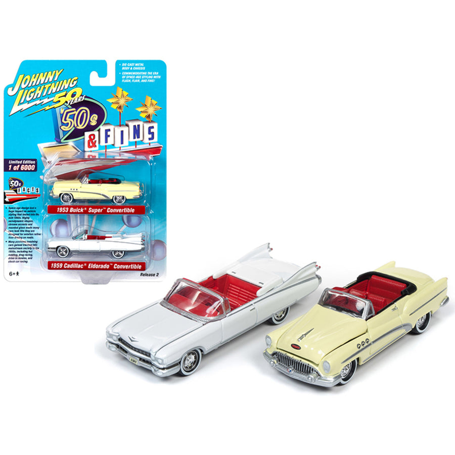 1959 Cadillac Eldorado Convertible White And 1953 Buick Super Convertible Cream Set Of 2 Pieces 50s And Fines Johnny Lightning 50th Anniversary Limited Edition To 6,000 Pieces Wor Jlpk008-fins