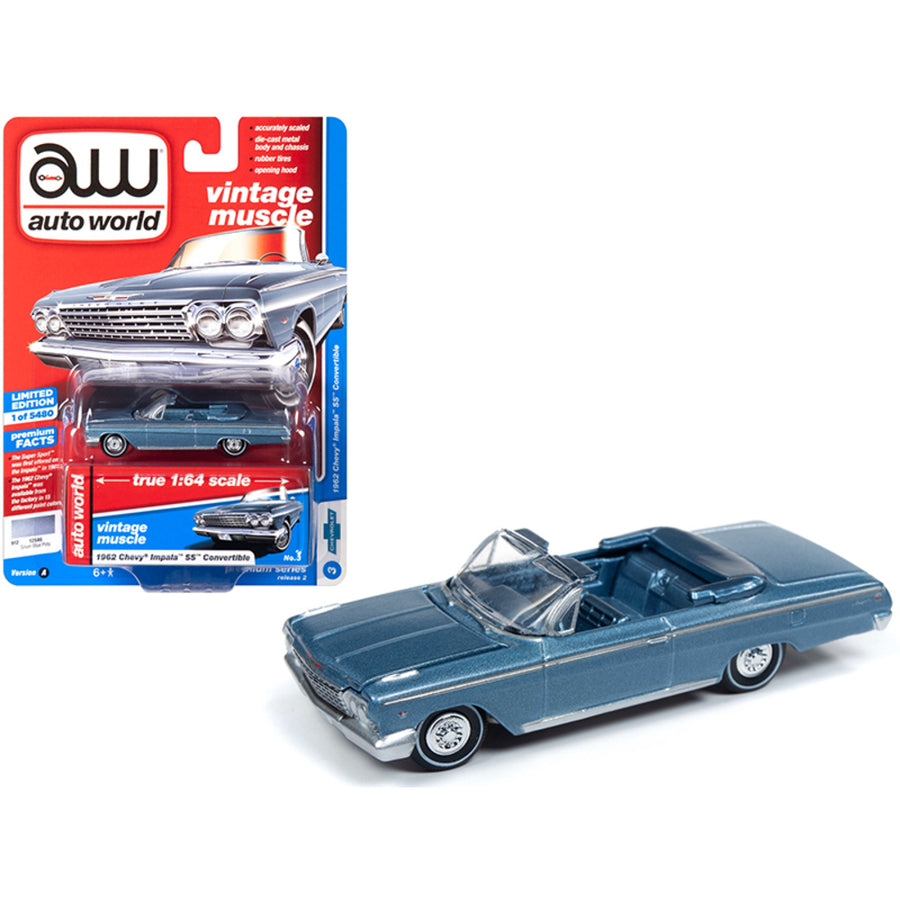 1962 Chevrolet Impala Ss Convertible Silver Blue Metallic Vintage Muscle Limited Edition To 5,480 Pieces Worldwide 1/64 Diecast Model Car By Autoworld 64222-cp7596