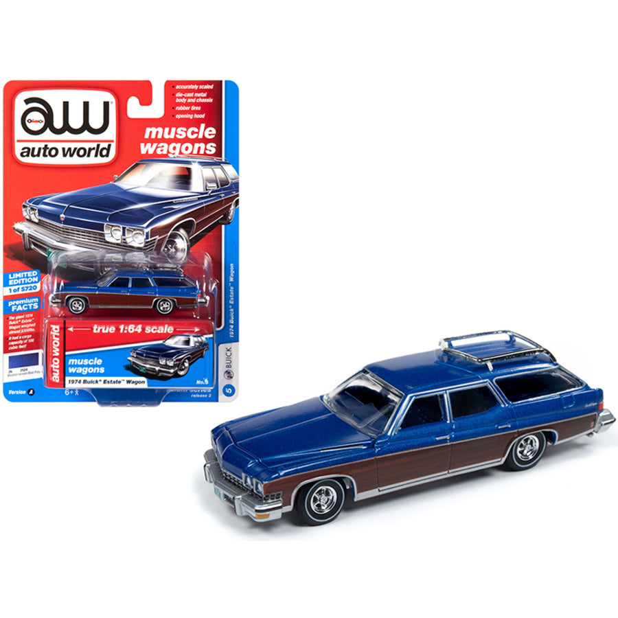 1974 Buick Estate Wagon Mediterranean Blue Metallic With Woodgrain Sides Muscle Wagons Limited Edition To 5,720 Pieces Worldwide 1/64 Diecast Model Car By Autoworld 64222-cp7597