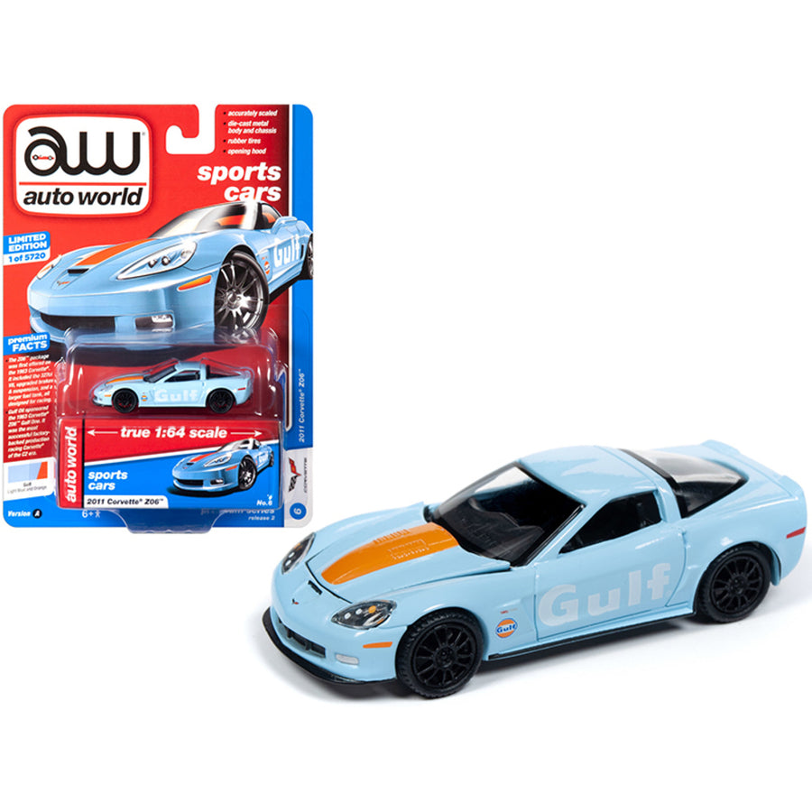 2011 Chevrolet Corvette Z06 Gulf Oil Light Blue With Orange Hood Stripe Sports Cars Limited Edition To 5,720 Pieces Worldwide 1/64 Diecast Model Car By Autoworld 64222-cp7598
