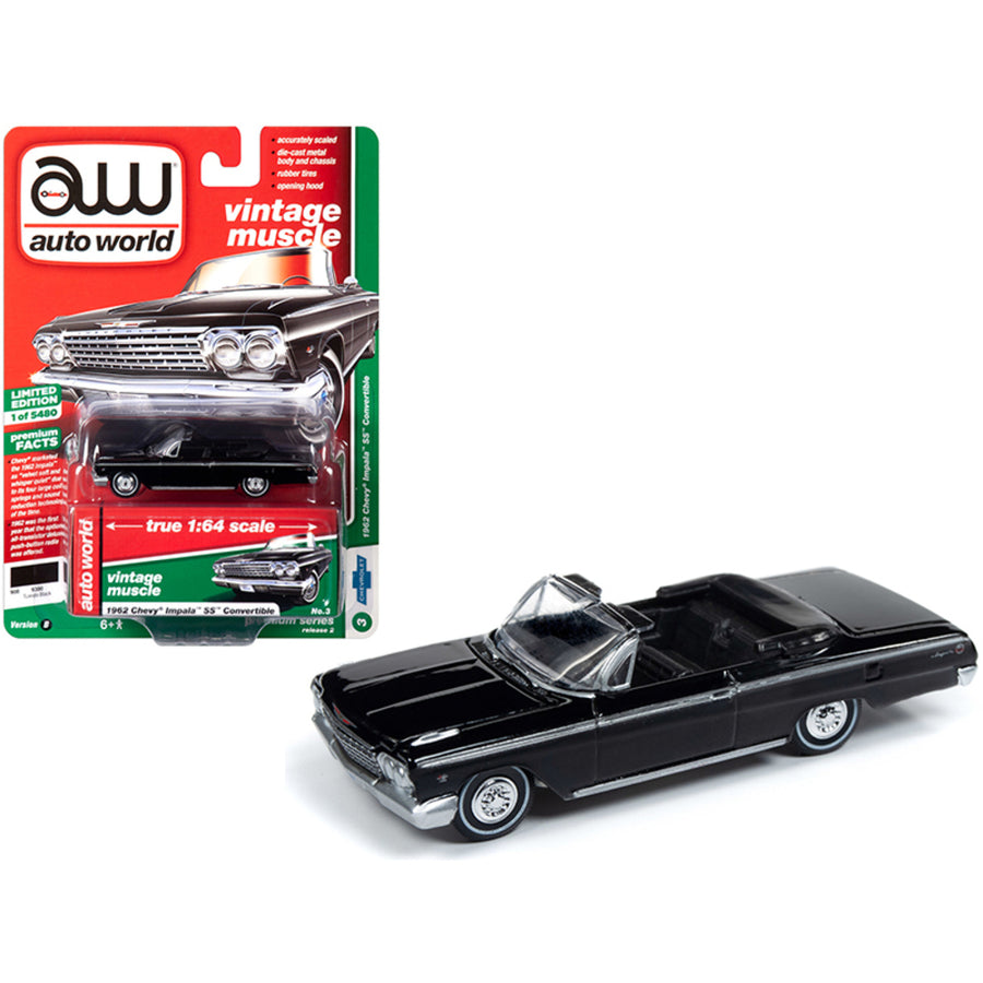 1962 Chevrolet Impala Ss Convertible Tuxedo Black Vintage Muscle Limited Edition To 5,480 Pieces Worldwide 1/64 Diecast Model Car By Autoworld 64222-cp7600