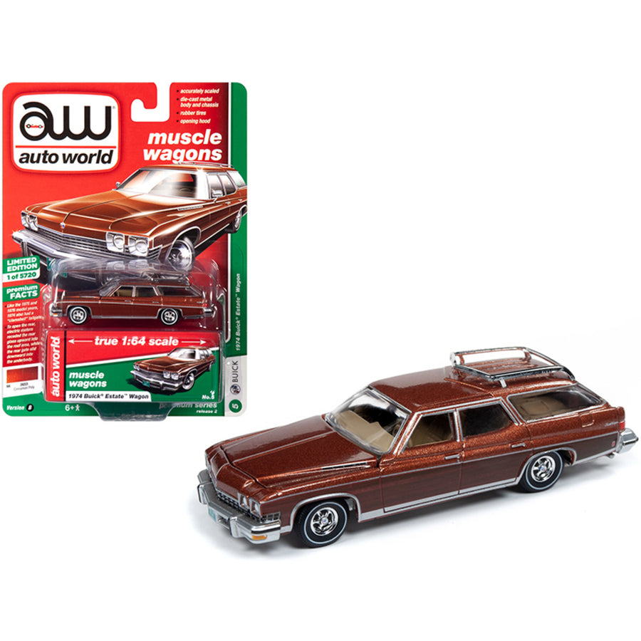1974 Buick Estate Wagon Cinnamon Brown Metallic With Woodgrain Sides Muscle Wagons Limited Edition To 5,720 Pieces Worldwide 1/64 Diecast Model Car By Autoworld 64222-cp7601