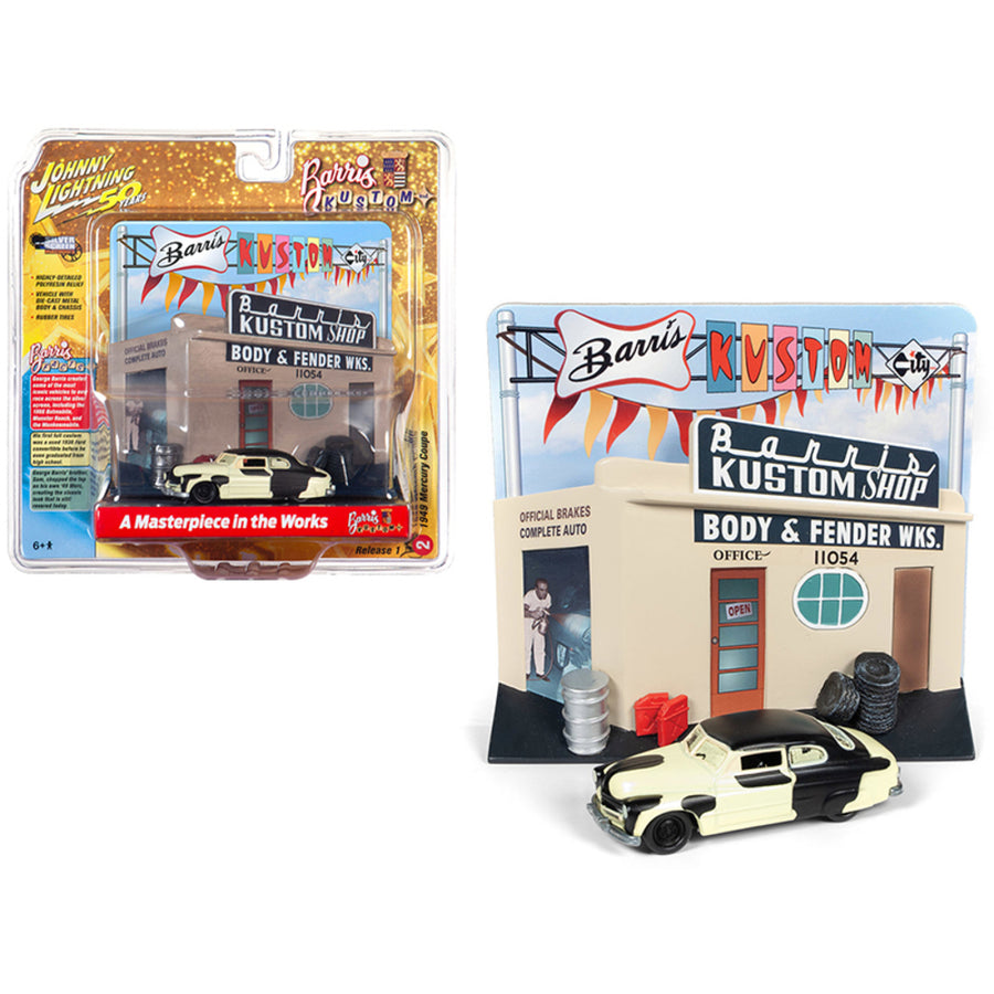 1949 Mercury Coupe Project Car With Barris Kustom Shop Facade Diorama Johnny Lightning 50th Anniversary 1/64 Diecast Model Car By Johnny Lightning Jldr008-jlsp087