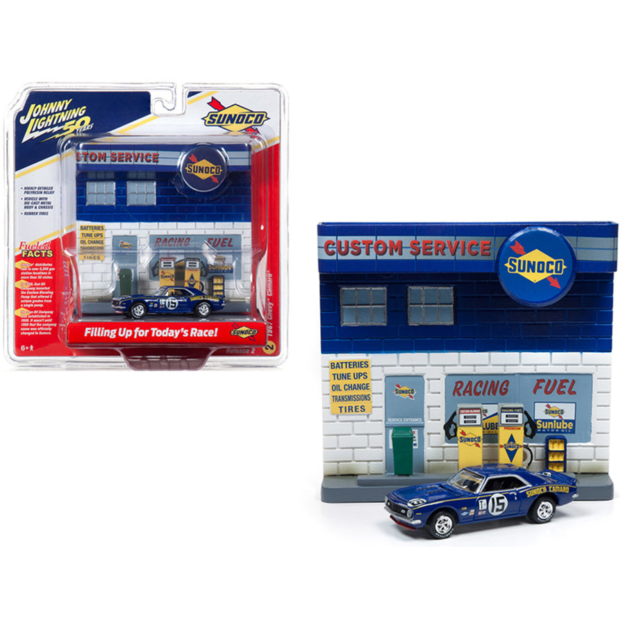 1967 Chevrolet Camaro #15 Sunoco With Sunoco Exterior Service Gas Station Facade Diorama Set Johnny Lightning 50th Anniversary 1/64 Diecast Model Car By Johnny Lightning Jldr007-sunoco