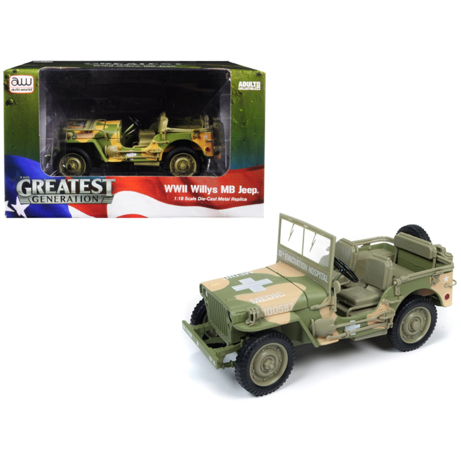 1941 Willys Mb Jeep Wwii Army Medic (15th Evacuation Hospital) Camouflage 1/18 Diecast Model Car By Autoworld Awml005a