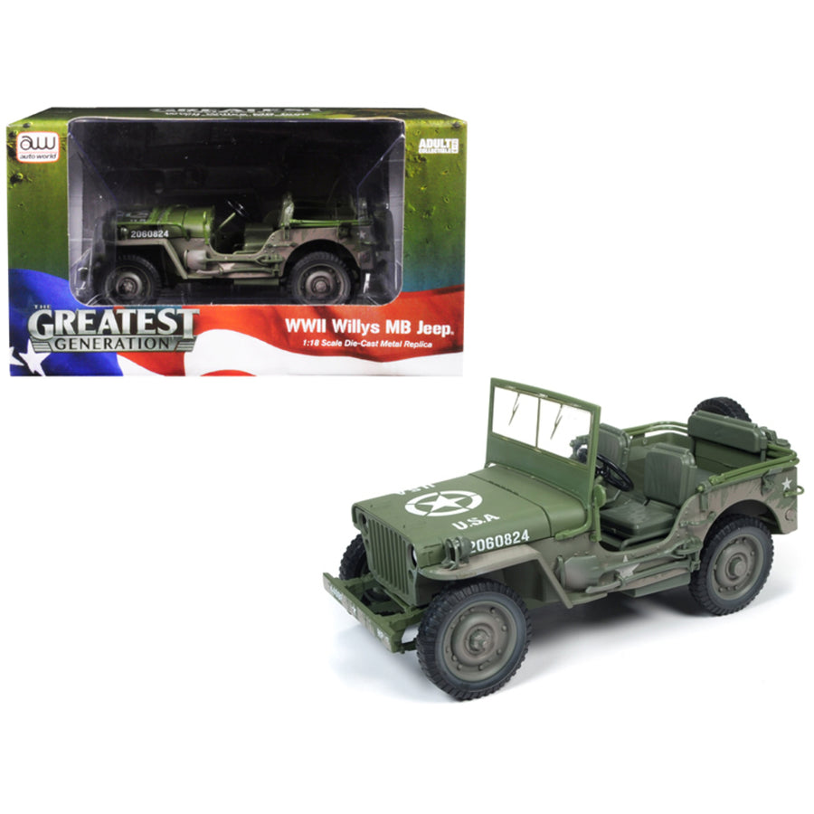 1941 Willys Mb Jeep Wwii U.s.a. Olive Green Drab Mud Covered/dirty 1/18 Diecast Model Car By Autoworld Awml005b