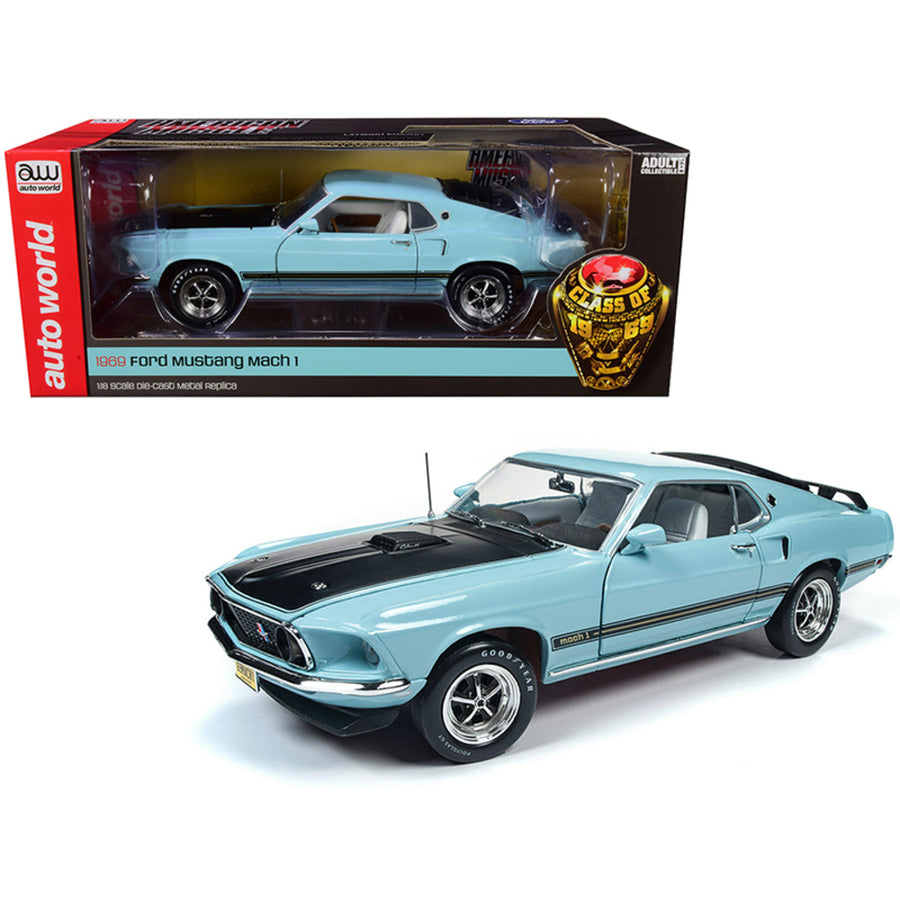 1969 Ford Mustang Mach 1 Aztec Aqua Light Blue With Black Hood Class Of 1969 Limited Edition 1/18 Diecast Model Car By Autoworld Amm1181
