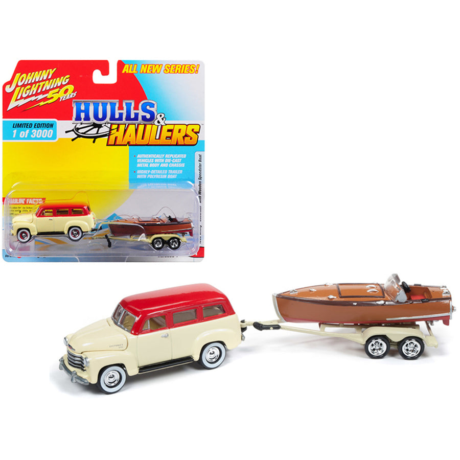 1950 Chevrolet Suburban Ivory Cream And Red Top With Vintage Wooden Speedster Boat Limited Edition To 3,000 Pieces Worldwide Hulls & Haulers Series 1 1/64 Diecast Model Car By Johnny Ligh Jlbt011a-1950chevy-cream