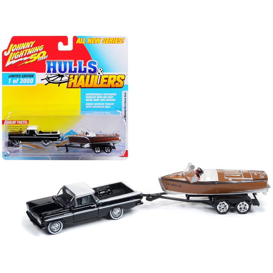 1959 Chevrolet El Camino Black And White Top With Vintage Wooden Barrelback Boat Limited Edition To 3,000 Pieces Worldwide Hulls & Haulers Series 1 1/64 Diecast Model Car By Johnny Lightn Jlbt011a-1959chevy-black