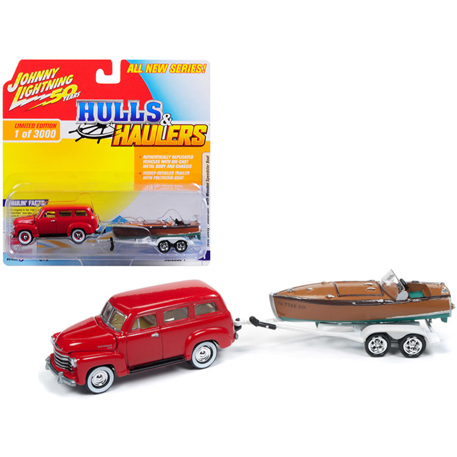 1950 Chevrolet Suburban Red With Vintage Wooden Speedster Boat Limited Edition To 3,000 Pieces Worldwide Hulls & Haulers Series 1 1/64 Diecast Model Car By Johnny Lightning Jlbt011b-1950chevy-red
