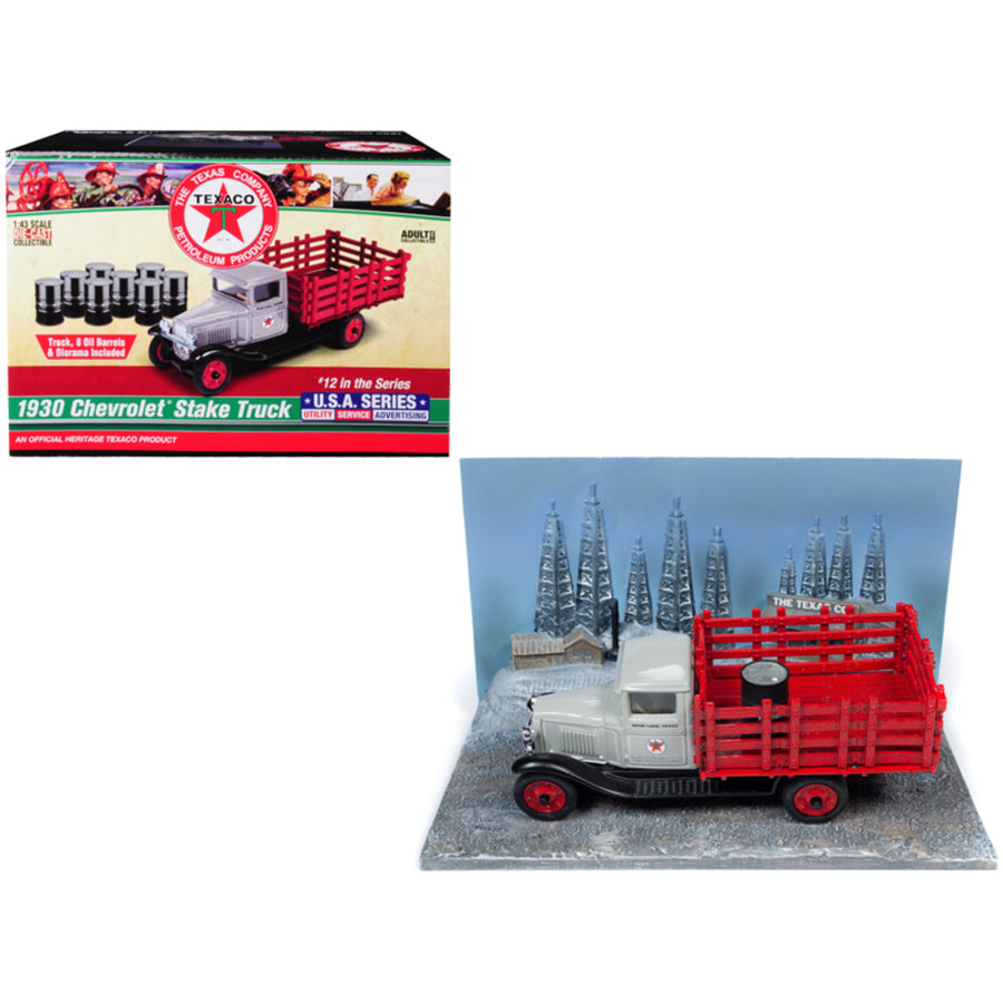 1930 Chevrolet Stake Truck With Eight Oil Barrels And Oil Derricks Diorama Texaco 12th In The U.s.a. Series 1/43 Diecast Model By Autoworld Cp7551