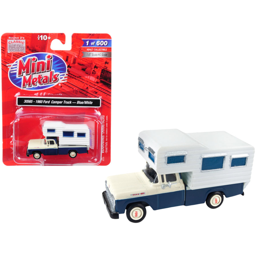 1960 Ford Camper Truck Blue And White 1/87 (ho) Scale Model Car By Classic Metal Works 30565