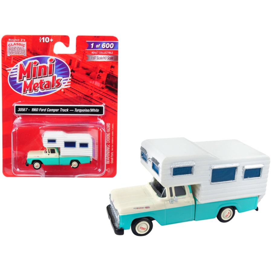 1960 Ford Camper Truck Turquoise And White 1/87 (ho) Scale Model Car By Classic Metal Works 30567